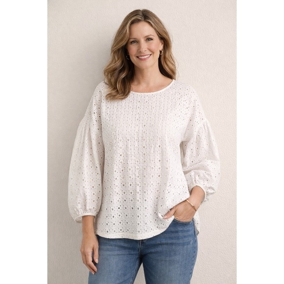 Banana Republic Tops - Banana Republic White Eyelet Puff Sleeve Top XL Cottagecore Clean Girl Cotton